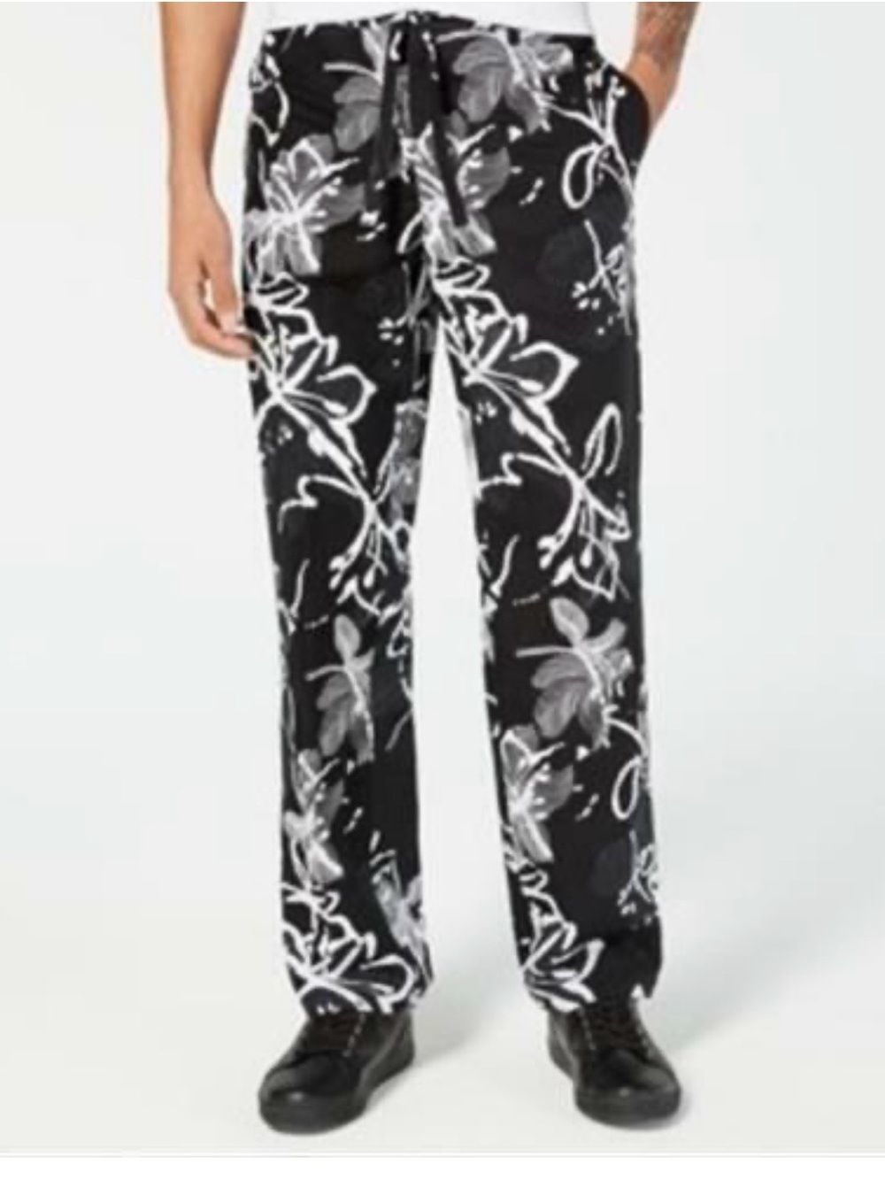 INC International Concepts Black & White Floral Drawstring Pants